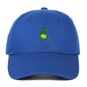 Close-up of blue cotton baseball cap featuring green cartoon frog embroidery details