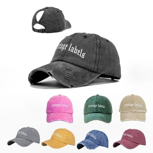 Casquette De Baseball En Coton Lavé Distress Trou Queue De Cheval Broderie Vintage Labels Chapeau Soleil Extérieur Réglable