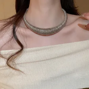 Modern silver geometric choker necklace with thick textured metal wire for women