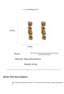 Detail view of vintage long drop earrings with colorful rhinestones and size measurements