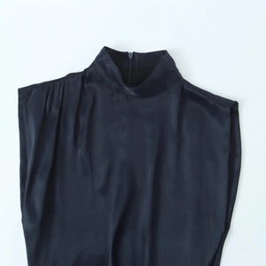 Elegant sleeveless mock neck black satin top for women with a back hidden zipper
