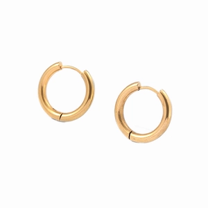 Minimalist gold hoop earrings with polished geometric smooth finish and clasp design