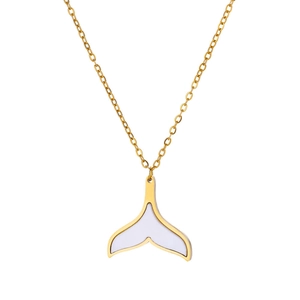 Detailed view of a gold whale tail pendant with white mother-of-pearl inlay on thin chain