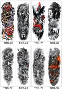 Collage of 8 realistic full arm temporary tattoo stickers with lion and skull designs