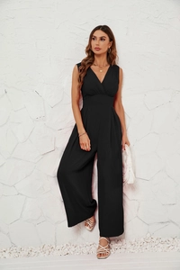 Detail of elegant black sleeveless wide-leg jumpsuit with deep V-neck and a cinched waist