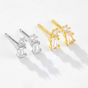 Elegant S925 sterling silver stud earrings with round and rectangular cubic zirconia stones
