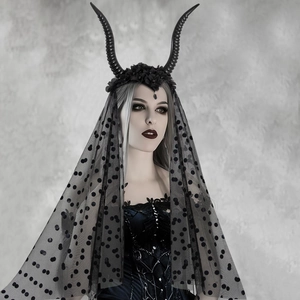 Gothic black sheep horn headband with polka dot mesh veil for Halloween party queen costume