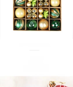 Detail of assorted Christmas tree ornaments in golden and green with diverse textures