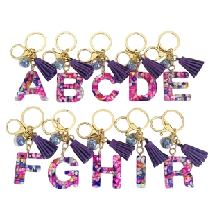 Resin Alphabet Keychain With Purple Tassel Glitter Star Ball Pendant Gold Metal Key Ring Bag Charm For Women Girls