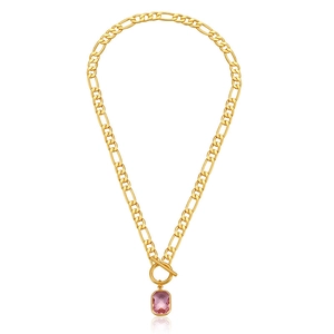 Short Figaro necklace with OT toggle clasp and pink rectangular glass pendant charm