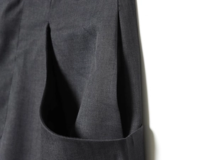 Detailed close-up of charcoal gray wool pants featuring professional pocket stitching