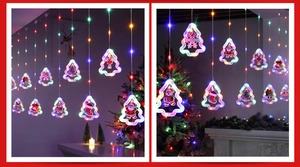Close-up of LED Christmas tree pendant lights for festive holiday window decoration