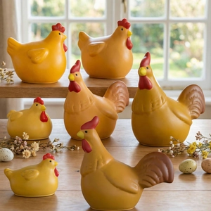 Collection of rooster and hen resin molds shown as finished warm yellow home decor pieces