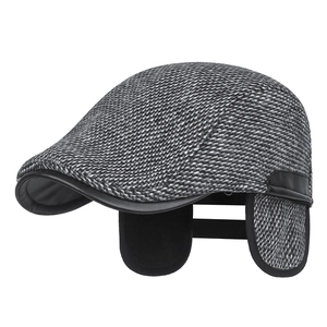 Winter men's herringbone wool ivy cap with ear flaps and black faux leather trim