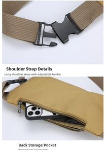 Detail of adjustable tactical buckle and rear zipper pocket for smartphone storage