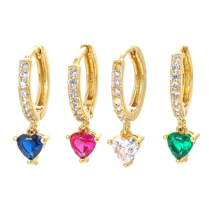 Colorful heart-shaped zircon hoop earrings in gold with blue pink green and white gems