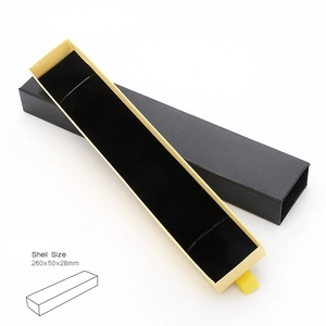 Detail view of black drawer gift box for watches with gold lining and size 260x50x28mm