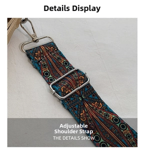Close-up of adjustable colorful ethnic pattern fabric shoulder strap with silver hooks