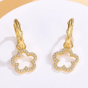 S925 silver flower hoop earrings with gold finish and sparkling zircon stones