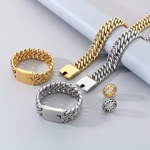Men Hip Hop Cuban Link Jewelry Set Stainless Steel Thick Necklace Bracelet Ring Electroplated Bold Masculine Fashion Accessories Set