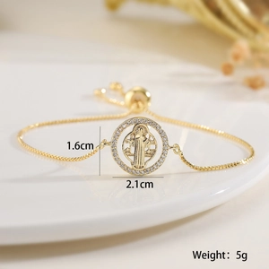 Gold plated 18K copper religious icon bracelet with white zircon and box chain design