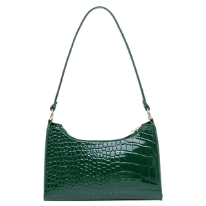 Dark green crocodile pattern baguette bag with wide shoulder strap and gold hardware