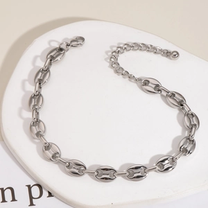 Polished silver sailor link coffee bean anklet for women with adjustable clasp closure