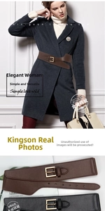 Detail view of stylish wide elastic waist belt with gold square buckle in black and brown