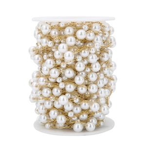 18K gold-plated chain with mixed-size white imitation pearls on a spool for DIY jewelry