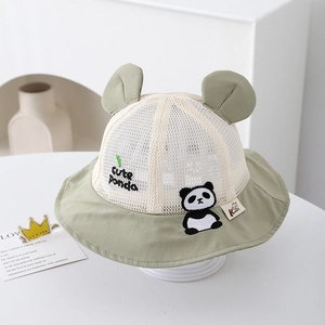 Detail of toddler panda sun hat showing breathable mesh crown and cute 3D ears