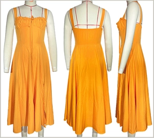 Detailed front, back, and side views of bright orange drawstring slit dress on mannequin