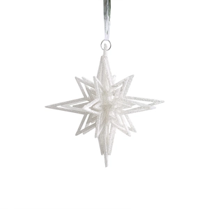 Glittery white acrylic star Christmas ornament with 3D star-shaped design and silver ring