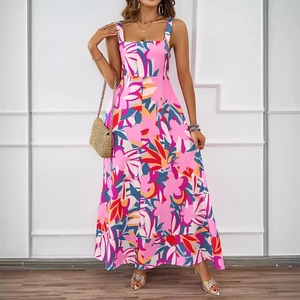 Pink floral summer beach maxi dress with square neck and spaghetti straps A-line style
