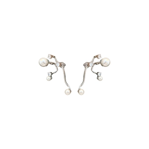 Modern silver earrings with organic streamline design featuring pearls and zircon accents