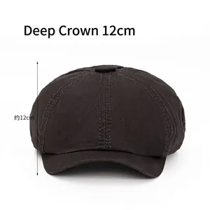 Classic cotton newsboy cap with 12cm deep crown and short brim on white background