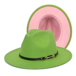 Two-tone wool fedora hat with green exterior, pink underbrim and black belt buckle