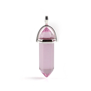 Close-up of a pink quartz hexagonal column pendant with silver metal bail on white background