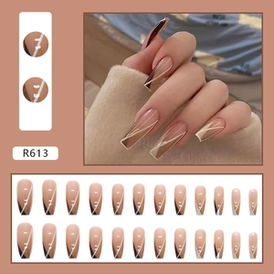 Japanese style long square press-on nails with khaki gradient and white geometric lines