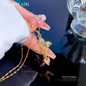 Elegant gold titanium steel hollow cross necklace with micro-set zircon stones
