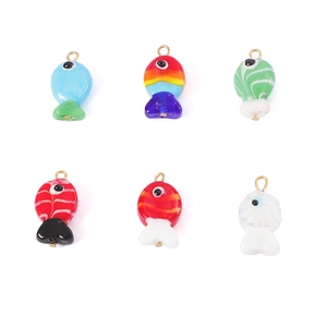 Set of six colorful handmade glass fish pendants with gold rings for DIY jewelry making