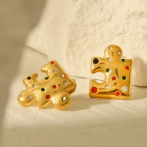 18k gold plated stainless steel jigsaw puzzle earrings with colorful zircon stones