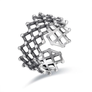 925 Sterling Silver Open Ring Lattice Weave Twist Texture Adjustable Retro Vintage Style Thai Silver Jewelry