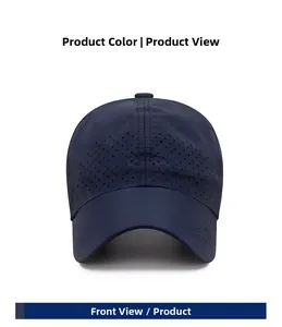 Detailed front view of navy blue quick-dry sports cap with laser-cut ventilation holes