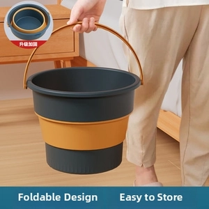 Foldable bucket with ergonomic handle showing expanded use and compact folded states