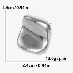 Macro detail of silver square stud earrings showing size dimensions and metal texture
