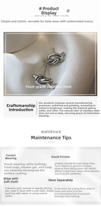 Detailed view of polished stainless steel knot earrings with maintenance guide