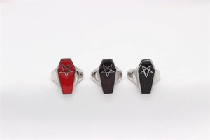 Gothic style coffin shaped rings with inverted pentagram in red and black enamel finish