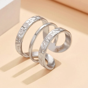 Three-layer silver stainless steel hammered wrap ring with adjustable open design