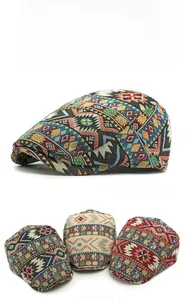 Detail view of retro newsboy caps featuring colorful geometric jacquard ethnic patterns