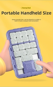 Close-up of portable magnetic Huarong Road slide puzzle game being held in hands